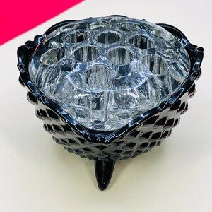 Vintage Black Glass Hobnail Footed Bowl and Clear Glass Flower Frog: Centerpiece
